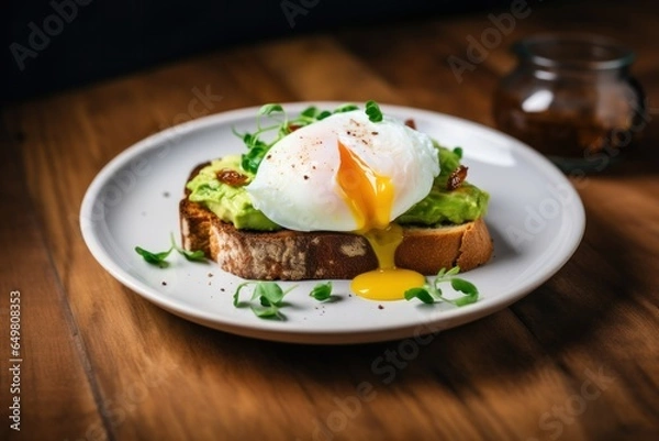 Obraz Avocado toast with poached egg served on plate