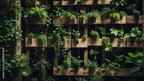 Fototapeta Recycled pallets with hanging plants creating a vertical garden
