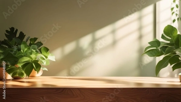 Obraz wood table backgorund with sunlight window create leaf shadow on wall with blur indoor green plant 