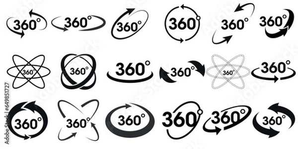 Fototapeta 360 degree views of vector circle icons set isolated from the background. Signs with arrows to indicate the rotation or panoramas to 360 degrees. Vector illustration. 