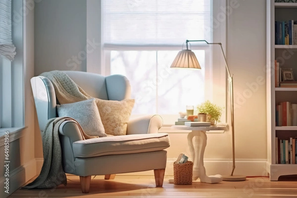 Fototapeta Stylish room interior with comfortable furniture for relax and books reading. Generative Ai