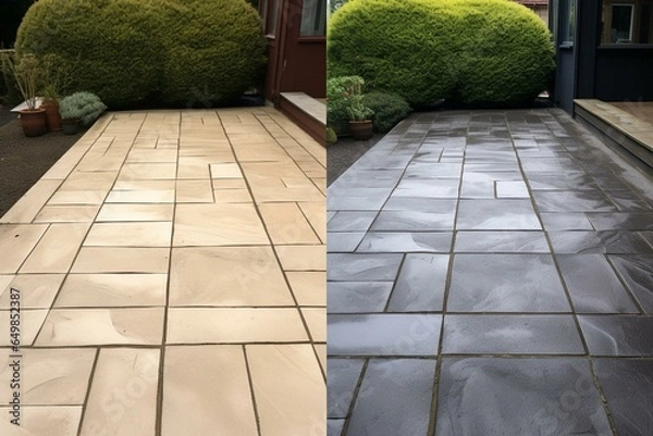 Obraz Comparison of patio paving slabs before and after pressure washing to remove dirt, showcasing a striking contrast. Generative AI