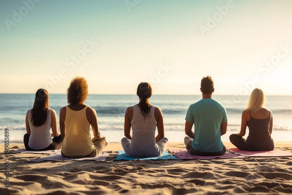 Fototapeta A group of young happy woman and man are meditating relaxed and mindfull with a yoga mat on a beautiful beach on a sunny day