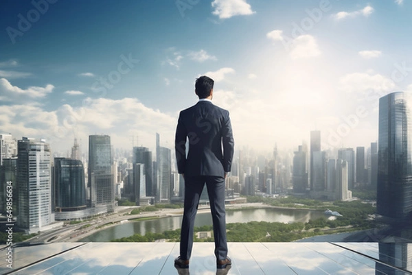 Fototapeta An asian entrepreneur or business man are standing seen from the back with a modern suit with sky-raisers in the beautiful background ; career concept and a business background on a sunny day