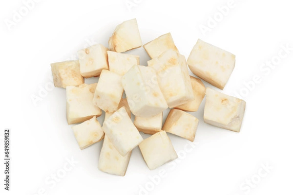 Obraz diced celery root isolated on white background. Top view. Flat lay.