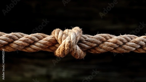 Fototapeta complexity of a knot of ropes, culminating in a big knot against the black in a close-up view.