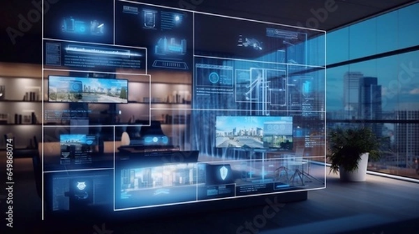 Obraz Modern smart home management system using augmented reality. Smart building. Abstract visualization colorful background New age concept with Empty copy space for presentation banner. 