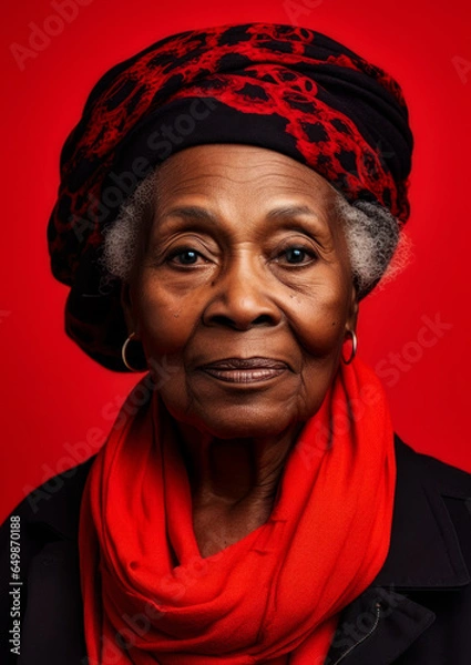 Obraz Elderly black woman in red clothes on a red background conceptual for frame