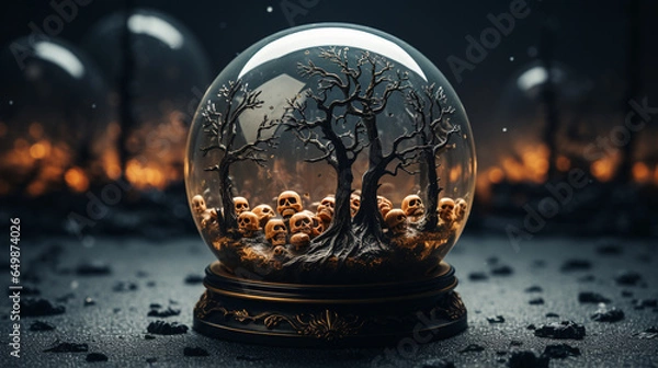 Fototapeta Halloween Snow Globe with Creepy Tree, Skull, and Haunted Town in the Display Under a Glass Dome - Unique Halloween Themed Background with Copy Space