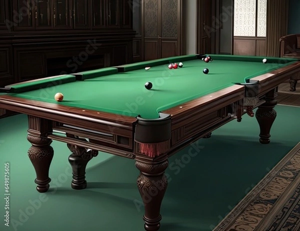 Fototapeta 3d rendering of a billiard table with a cue and balls