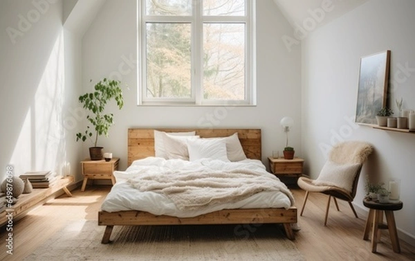 Fototapeta White bedroom with a wooden bed and a window at the bottom, in the style of muted color palette. Generative AI