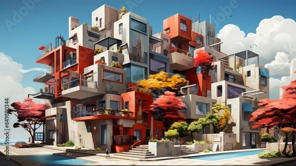 Fototapeta A house with a colorful facade, in the style of contemporary art, terraced cityscapes, light maroon and beige.