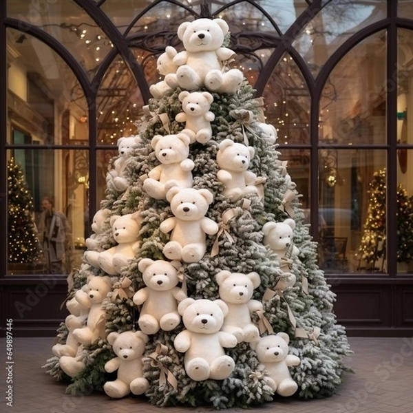 Obraz Huge Christmas tree decorated with white teddy bears in the city center