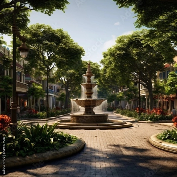 Fototapeta Fountain in the center of the street decorated in African style lots of green trees