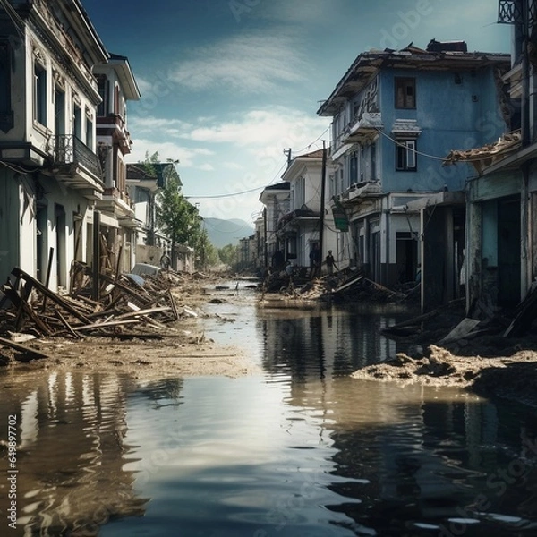 Obraz Flooding of the city with water destruction of houses and roads
