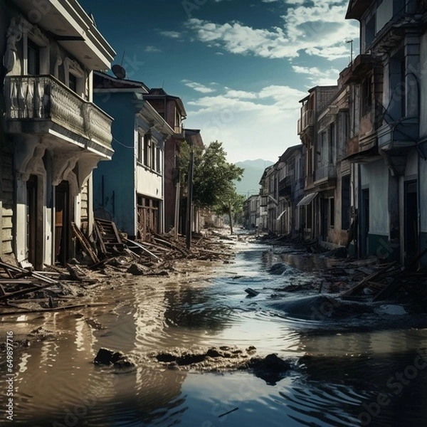 Fototapeta Flooding of the city with water destruction of houses and roads