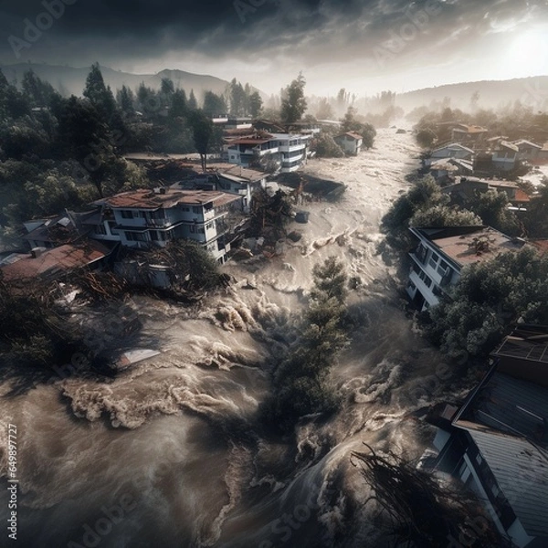 Obraz Flooding of the city with water destruction of houses and roads