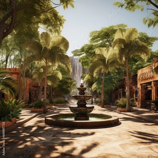 Obraz Fountain in the center of the street decorated in African style lots of green trees