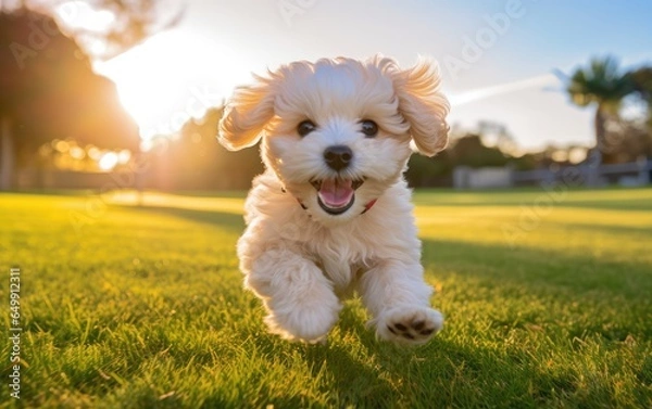 Obraz Happy Bollipoo puppy running around the park in clear weather. a pet. dog protection.