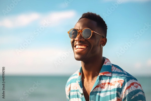 Fototapeta Portrait of a happy laughing black man on beach with sunglasses smiling laughing on summer holiday vacation travel lifestyle freedom fun. Generative AI