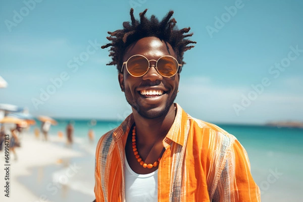 Fototapeta Portrait of a happy laughing black man on beach with sunglasses smiling laughing on summer holiday vacation travel lifestyle freedom fun. Generative AI