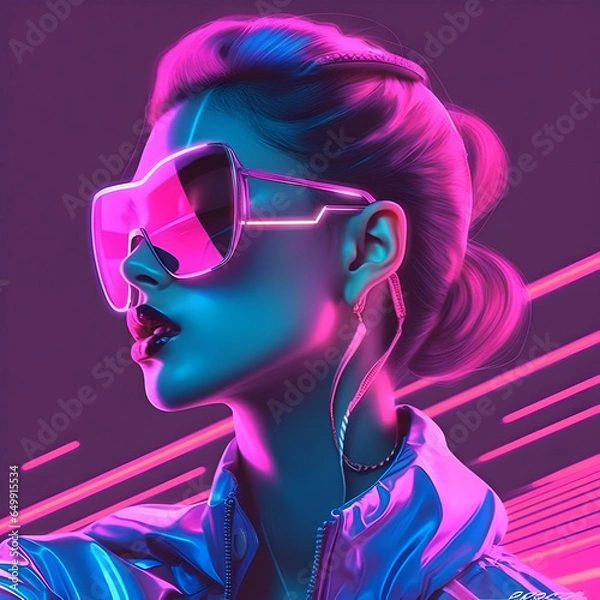 Fototapeta Portrait of a trendy young woman with big sunglasses in synthwave style, bright pink neon lighting. Generative AI