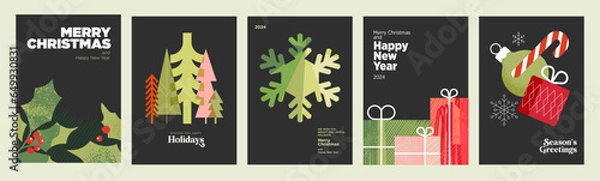 Fototapeta Merry Christmas and Happy New Year. Set of vector illustrations for background, greeting card, party invitation card, website banner, social media banner, marketing material.