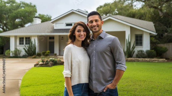Obraz Joyful Hispanic couple in front of their spacious home and lawn, realizing homeownership dreams through mortgage goals.