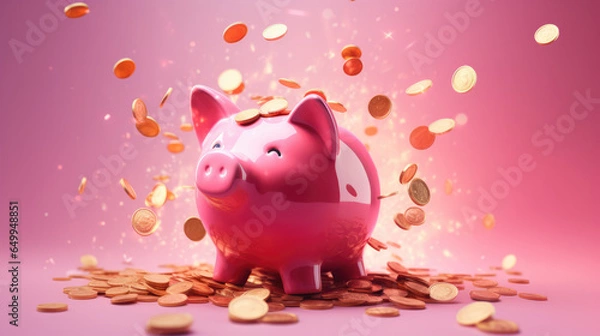 Obraz A pink piggy bank explodes with coins on pink background. Illustration of the concept of personal savings and financial investment,