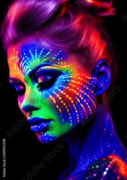 Fototapeta Woman with makeup in neon colors on a dark background conceptual for frame