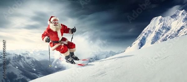 Fototapeta panoramia of Santa Claus skiing downhill in a snowy mountain