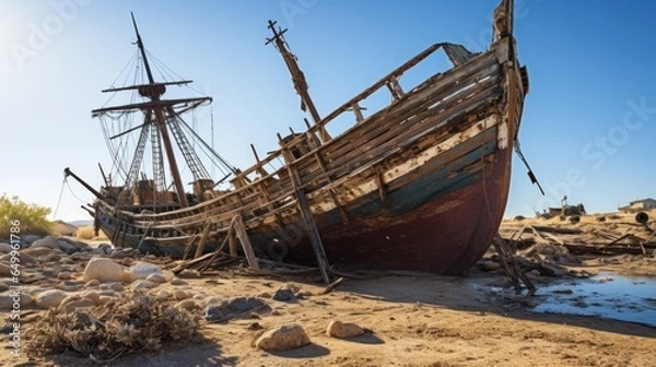 Obraz a shipwrecked boat on a beach
