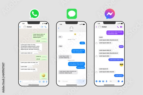Fototapeta Instant Message Applications, iPhone Message App, WhatsApp, Facebook Meta Messenger App, SMS Template