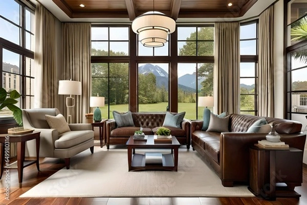 Fototapeta Large and open living room den sun room with windows on two sides and lots of natural light flowing in. There is a window seat on one side and a leather couch and plant on the other. 3d rendering