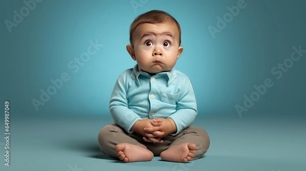 Fototapeta A young boy with a puzzled expression, full of questions and curiosities about the world around him. Generative AI.