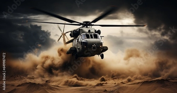 Fototapeta Helicopter in the desert. 3d rendering. toned image