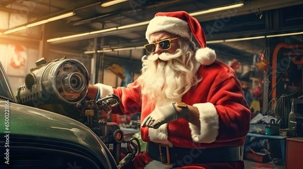 Fototapeta Santa Claus trades his toy workshop for an auto mechanic's garage, skillfully tuning up cars and showcasing a different set of talents. Generative AI.