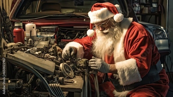Fototapeta Santa Claus trades his toy workshop for an auto mechanic's garage, skillfully tuning up cars and showcasing a different set of talents. Generative AI.