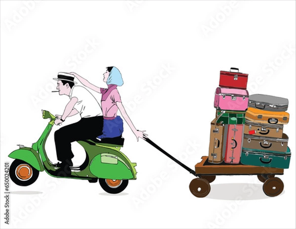 Obraz Man and women on scooter pulling luggage on cart going for vacation. Vintage couples on scooter. Vacations vibe.
