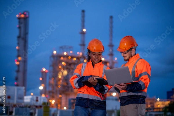 Fototapeta Engineer wear uniform and helmet stand workplace hand holding tablet and laptop computer, survey inspection team work plant site to work with night lights oil refinery background.