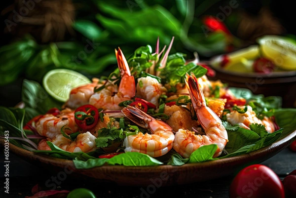 Obraz A bowl of shrimp with a bowl of spinach and tomatoes