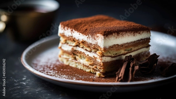 Fototapeta A closeup magazine quality shot of a beautifully layered tiramisu with creamy mascarpone and dusted cocoa  AI Generated