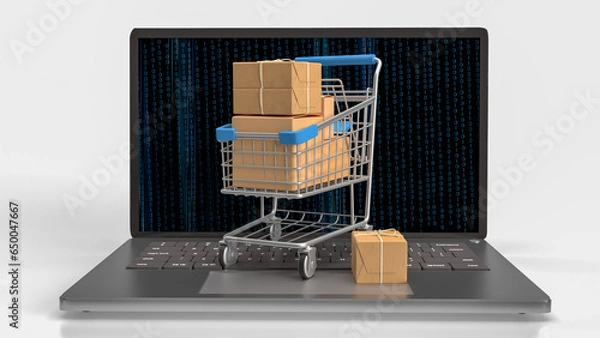Fototapeta The trolley and box on notebook for e commerces concept 3d rendering