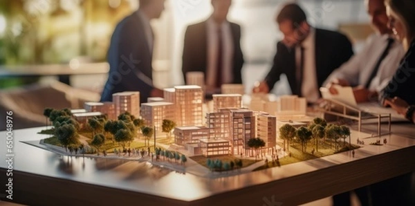 Fototapeta Complex scale model on the table, real estate developers, architects and businessmen team working on new business buildings project in office. 