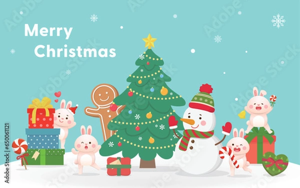 Fototapeta Christmas tree with cute bunny friends gathering to celebrate Christmas, full of Christmas elements and stacked gift boxes, vector greeting and invitation cards