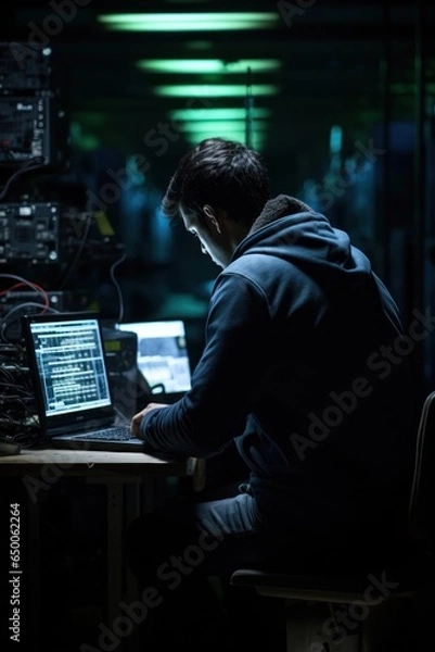 Fototapeta Lone hacker figure hunches over a laptop