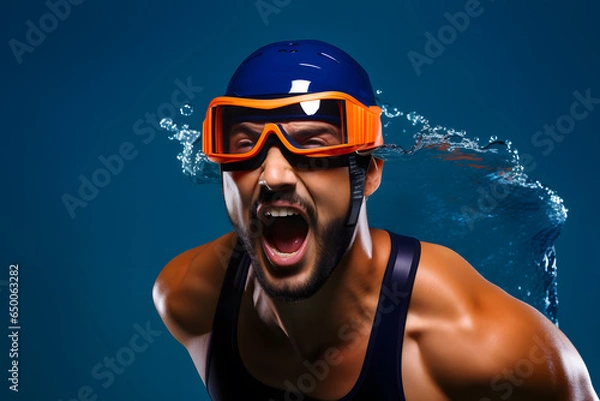 Fototapeta Colorful studio portrait of a fit and healthy man in swimming equipment having fun, blue and orange. Generative AI