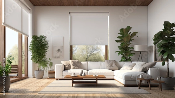 Fototapeta Roller blinds positioned within the indoor space. White roller shades covering the windows within the living area. A houseplants and a couch are present in the room.