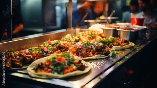 Fototapeta Candid shot of tacos being made in a foodtruck