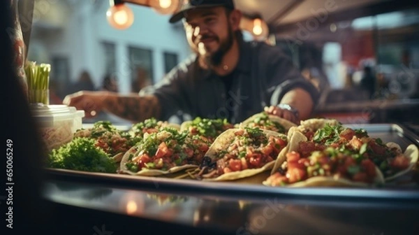 Fototapeta Candid shot of tacos being made in a foodtruck